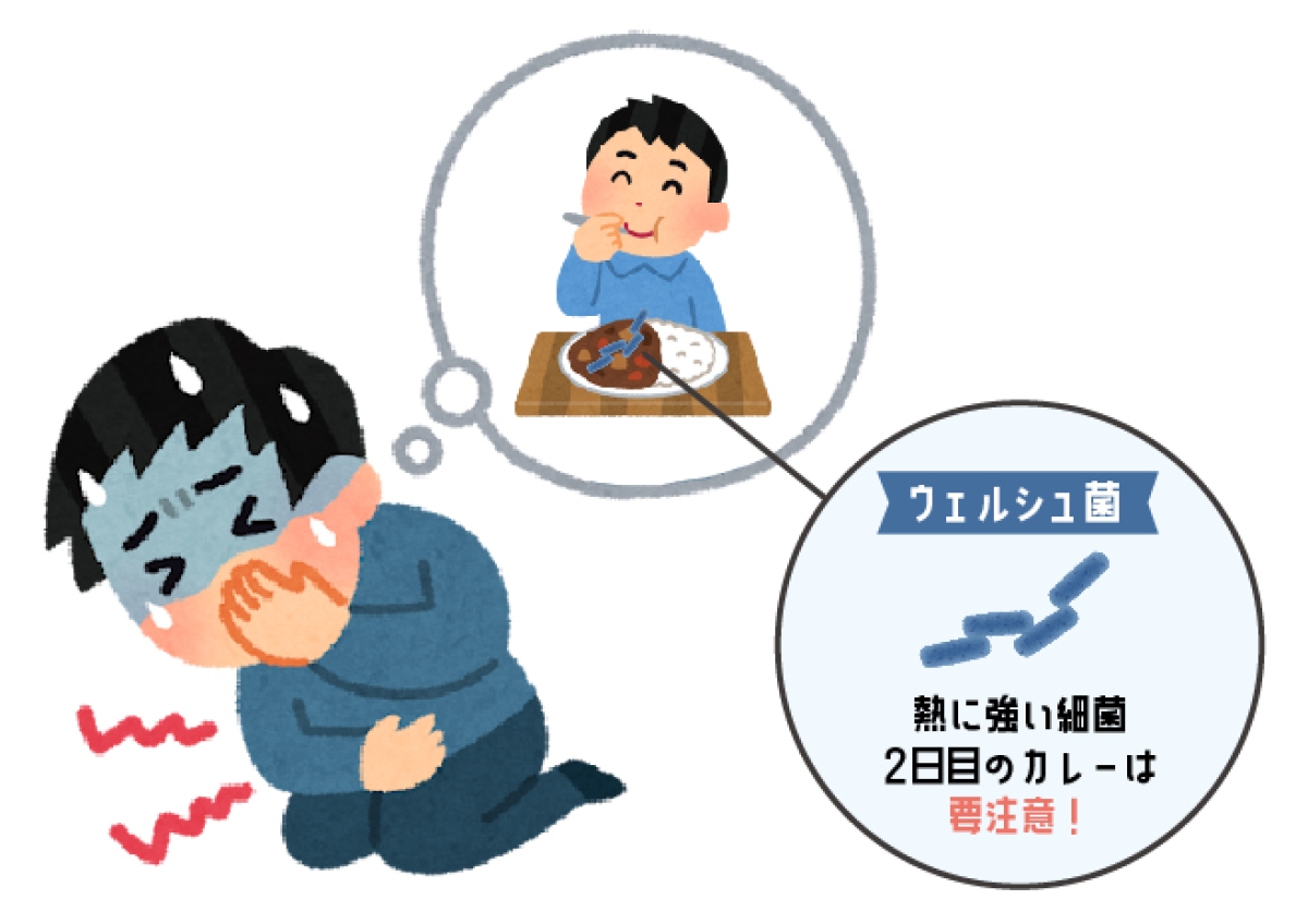 カレーに増殖したウェルシュ菌で食中毒を起こしているイラスト