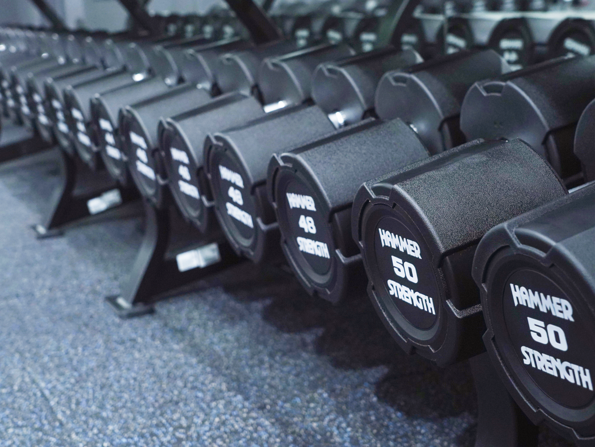 様々な重量のダンベルが並べられた写真